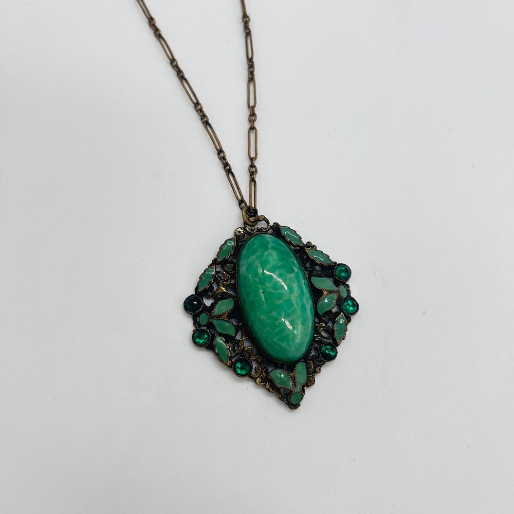 Vintage Czech Art Glass Necklace Peking Style Jewelry Green Rhinestone Pendant